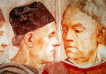 Detail der Würdenträger, von der Auferweckung des Sohnes des Theophilus und der Thronbesteigung des hl. Petrus als erster Bischof von Antiochia, ca. 1427 und ca. 1484-85